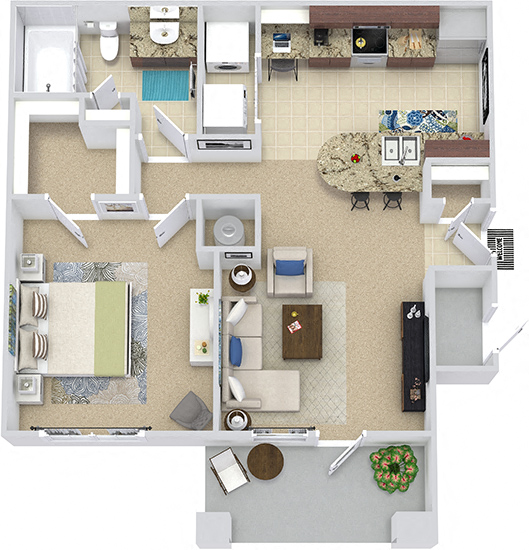 Floor plan for 1 bed, 1 bath, 695 sqft